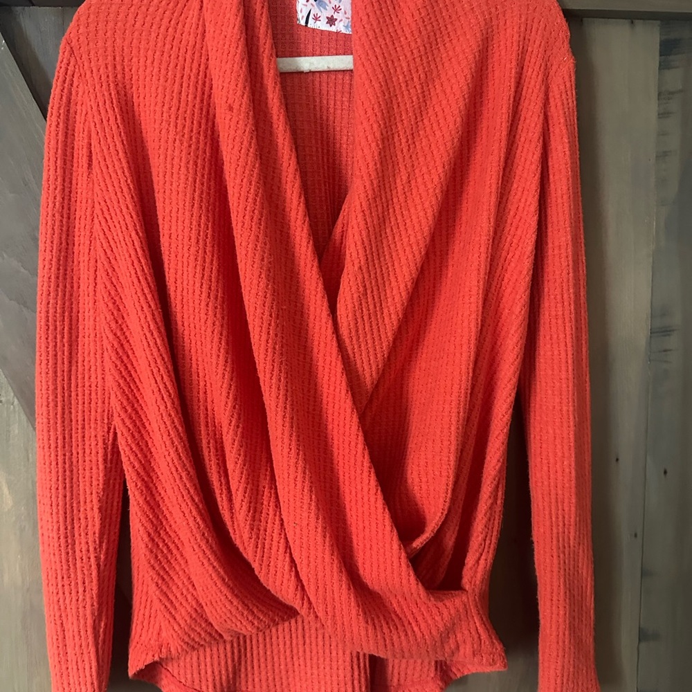 Anthropologie Red Cowl Neck Sweater with Ribbed Texture